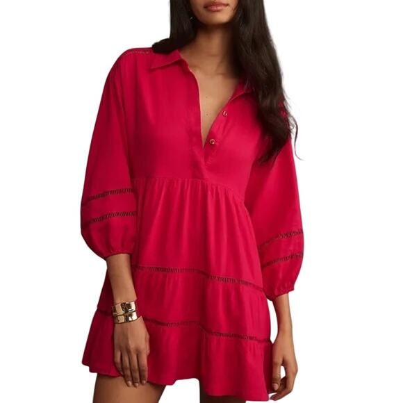 Maeve Dresses & Skirts - Anthropologie Maeve Bettina Tiered Mini Shirt Dress Linen 1X Hot Pink Raspberry